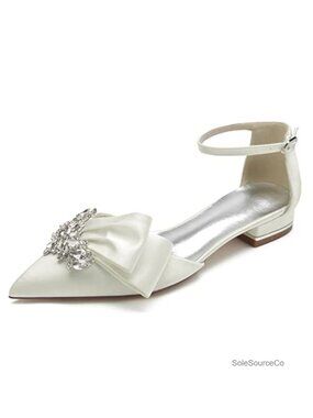Satin Ankle Strap Crystal Bridal Flats Low Heel Comfortable
